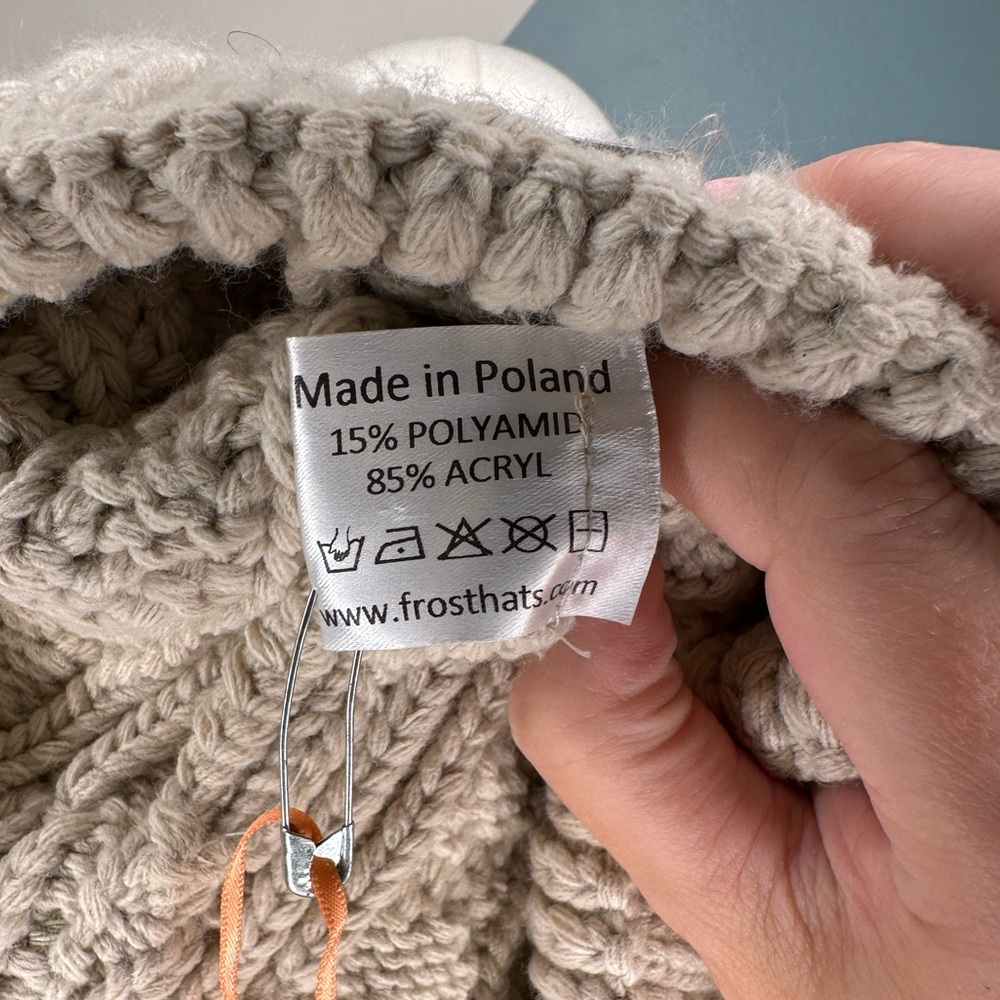 Frost Cable Knit Pom Beanie Hat – Beige, Faux Fur Pom, Made in Poland - Picture 6 of 7